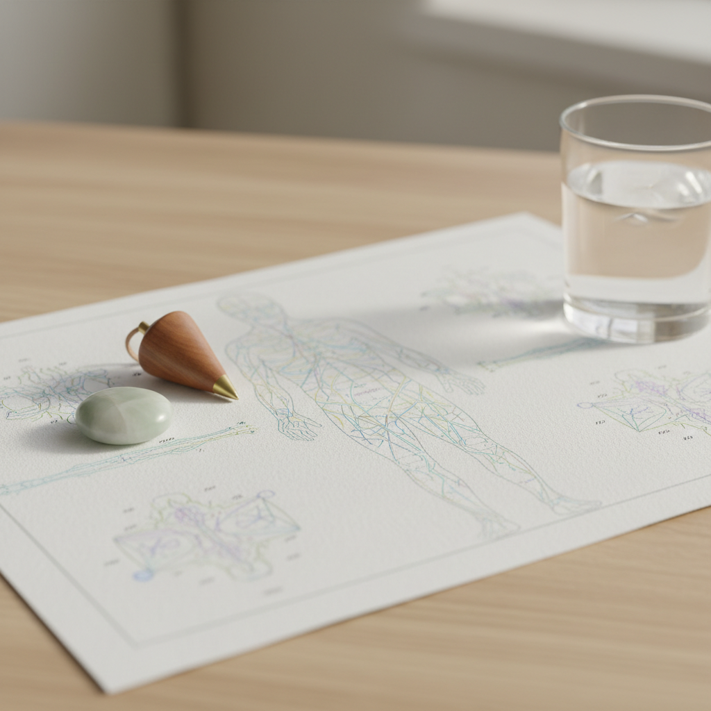 A close-up of a detailed, colorful kinesiology chart printed on matte white paper, spread flat on a light oak desk. Around it lie neatly arranged tools: a small wooden pendulum, a smooth jade stone, and a simple glass of water. Soft natural light from an unseen side window grazes the surface, highlighting delicate textures of paper fibers and wood grain, casting very soft, short shadows. The background fades into a gentle blur of neutral tones, emphasizing the chart’s fine lines and subtle pastel colors. Captured from a slightly elevated angle in photographic realism, the composition feels ordered, professional, and contemplative, suggesting precise assessment and understanding of stress patterns and energetic pathways.