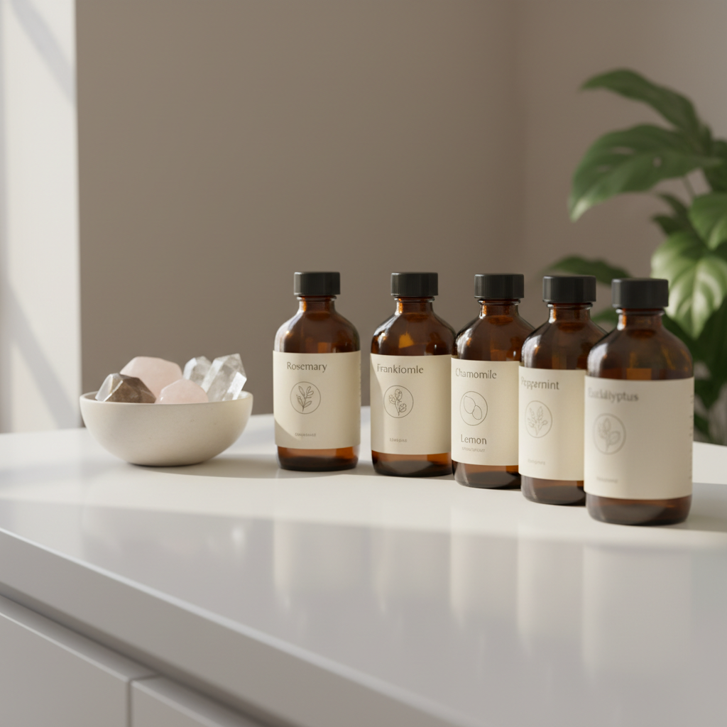 An assortment of carefully labeled amber glass bottles containing natural essences, arranged in a harmonious semi-circle on a smooth white countertop. Each bottle has a minimalist cream label with fine black lettering and a simple icon. Behind them, a small ceramic bowl holds polished crystals in muted tones of rose, clear, and smoky quartz. Warm, diffused afternoon light filters in from the left, creating soft reflections on the glass and gentle highlights on the crystals. The background is a softly blurred, pale taupe wall with a single leafy plant partially visible. Photographed at a slight angle with shallow depth of field, the mood is serene, precise, and professional, embodying a modern, holistic kinesiology practice in photographic realism.