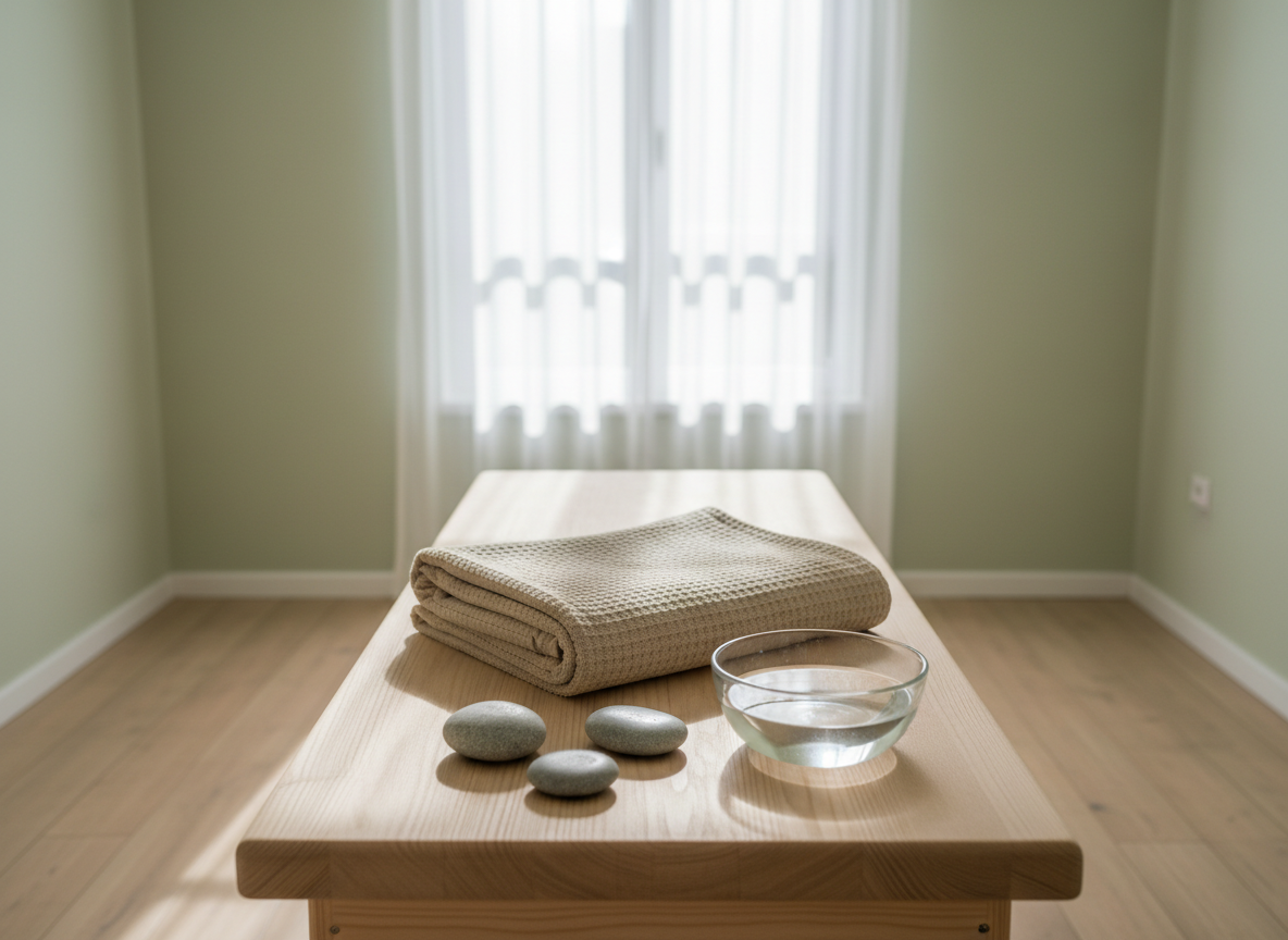 A neatly folded, soft beige cotton blanket resting on a light wooden therapy table, beside a small arrangement of smooth river stones and a glass bowl of clear water. The room is minimal and uncluttered, with pale sage walls and a single large window covered by sheer white curtains. Diffused late-morning daylight fills the space, creating gentle, elongated shadows and a calm, balanced atmosphere. Photographed at eye level with a shallow depth of field, the table and objects are in crisp focus while the background softly blurs. The overall style is photographic realism with a clean, professional, and soothing aesthetic that evokes energetic and emotional rebalancing without showing any people.