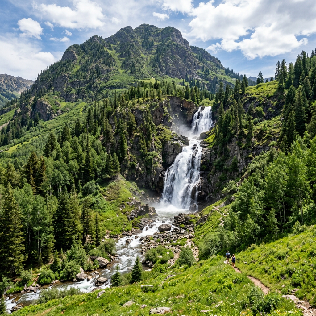 Waterfall on mountain with grass and trees